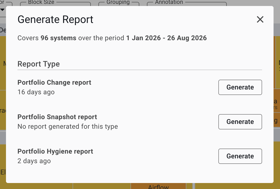 Generate Report dialog showing available report types and last generation times